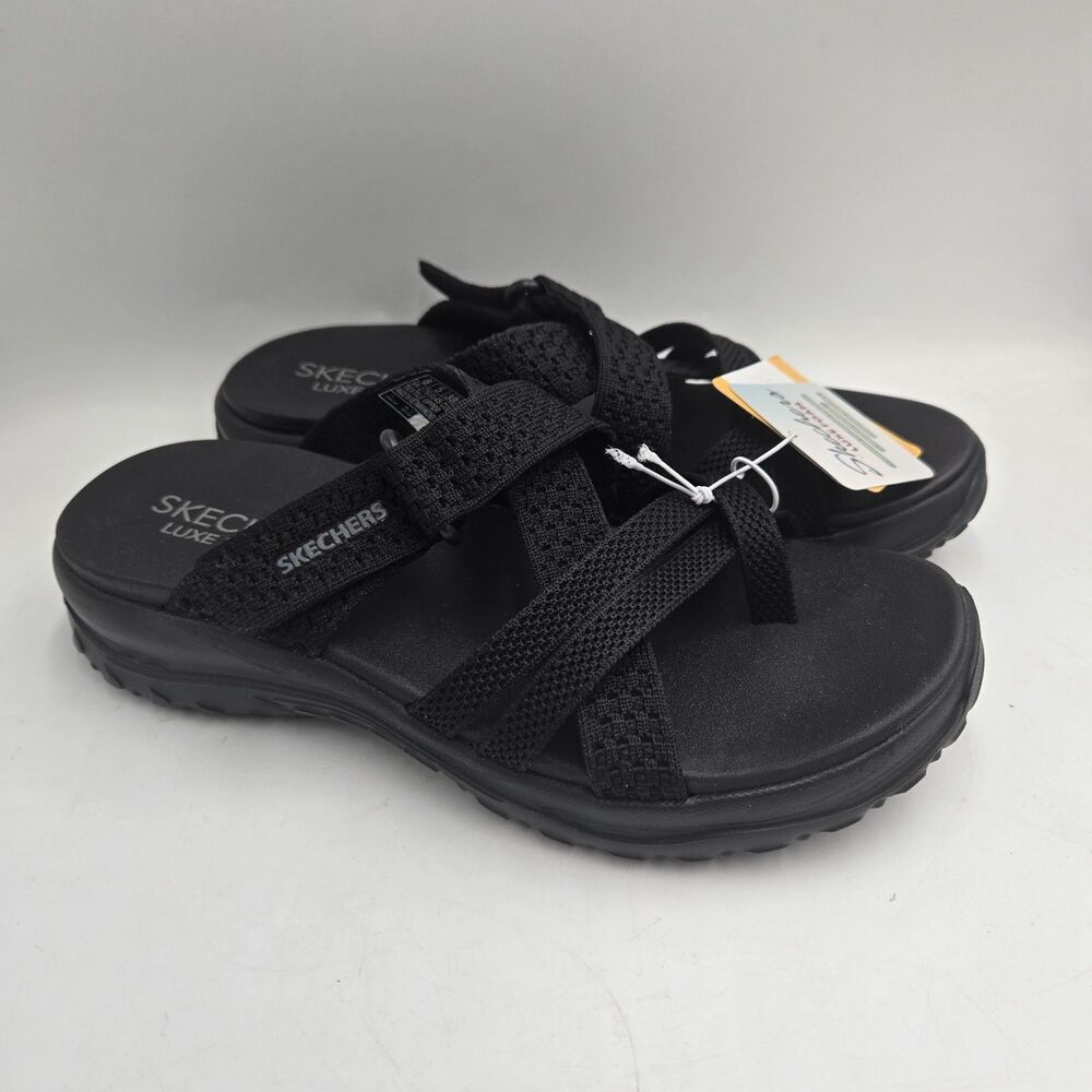 Skechers Womens Size 8 Black Strappy Sport Sandals Luxe Foam Adventure NWT